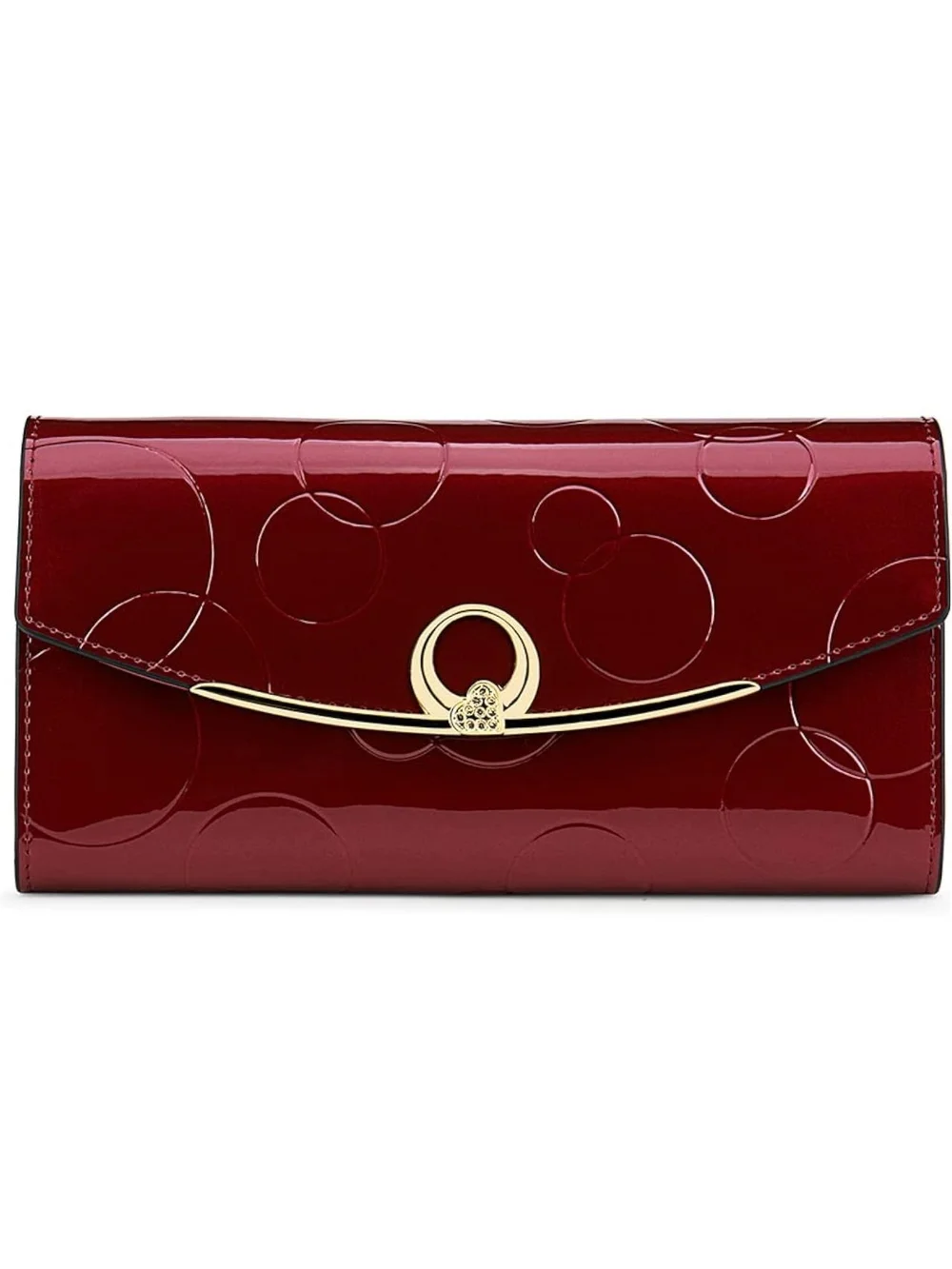Red Patent Circle-Embossed Wallet Clutch with Gold Accent
